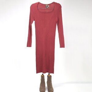 TAYLOR | SQUARE NECK SWEATER MIDI DRESS LONG SLEEVE | REDDISH-BROWN COLOR SIZE M